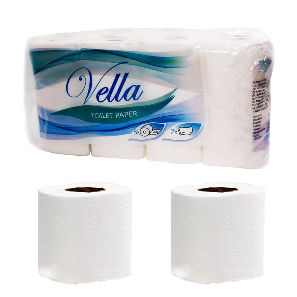 64x Toilettenpapier Rollen 2-lag. 250x Blatt Zellstoff weiß - Vella